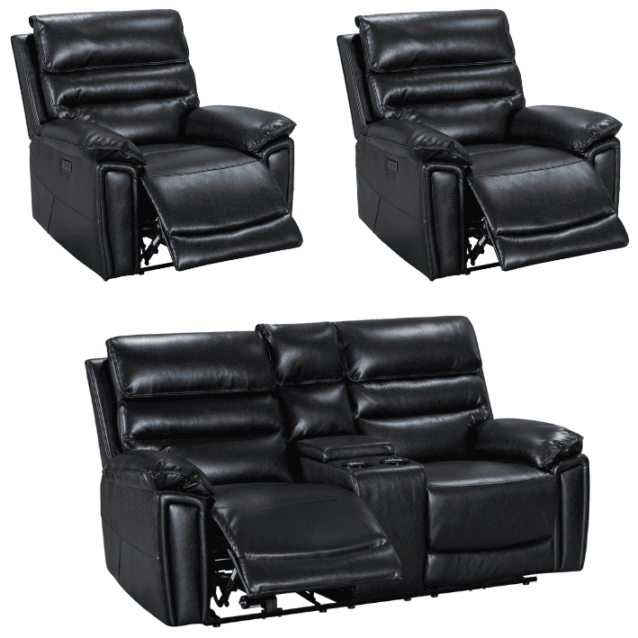Pre Order Now! Donald Black Leather Electric / Power Reclining Sofa Range Suite Set With USB Charging Ports & Drop Down Tray Table