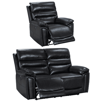 Pre Order Now! Donald Black Leather Electric / Power Reclining Sofa Range Suite Set With USB Charging Ports & Drop Down Tray Table