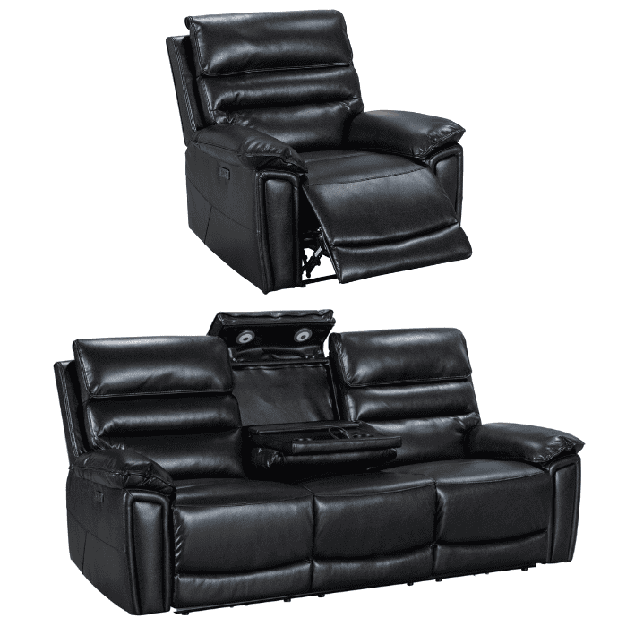 Pre Order Now! Donald Black Leather Electric / Power Reclining Sofa Range Suite Set With USB Charging Ports & Drop Down Tray Table