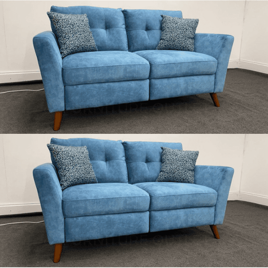 DFS Electric Recliner Blue Plush Velvet Fabric 2 Seater + 2 Seater Sofa Set