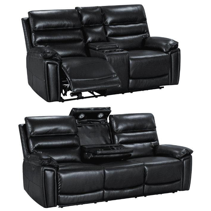 Pre Order Now! Donald Black Leather Electric / Power Reclining Sofa Range Suite Set With USB Charging Ports & Drop Down Tray Table