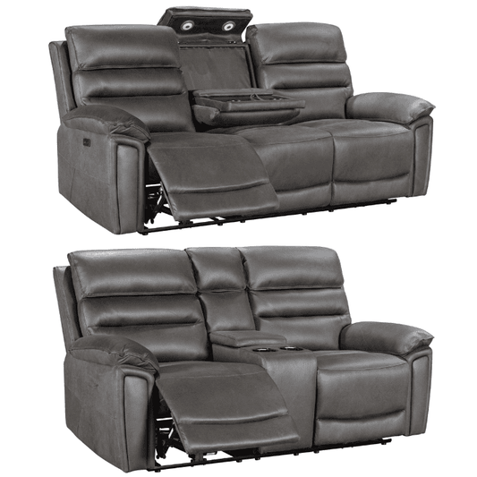 PRE ORDER NOW! Donald Grey Suede Fabric Electric / Power Reclining Sofa Range Suite Set With USB Charging Ports & Drop Down Tray Table