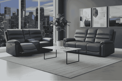DFS Lawson Grey Easy Clean Fabric Electric Reclining Sofa Range Suite Set With USB Charging Ports & Drop Down Tray Table