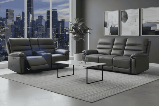 DFS Lawson Grey Easy Clean Fabric Electric Reclining Sofa Range Suite Set With USB Charging Ports & Drop Down Tray Table