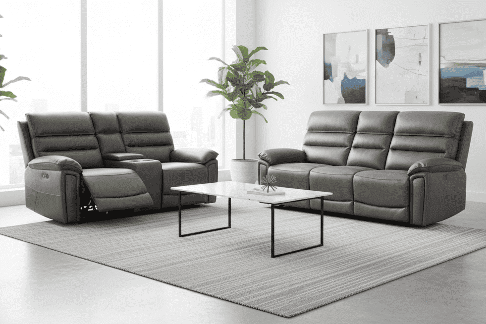 Donald Grey Suede Fabric Electric / Power Reclining Sofa Range Suite Set With USB Charging Ports & Drop Down Tray Table