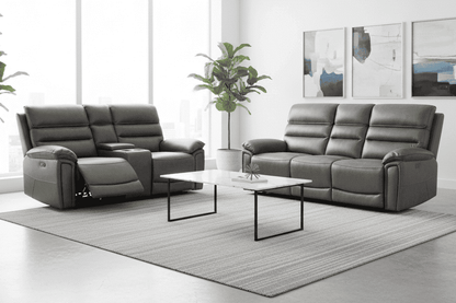 Donald Grey Suede Fabric Electric / Power Reclining Sofa Range Suite Set With USB Charging Ports & Drop Down Tray Table