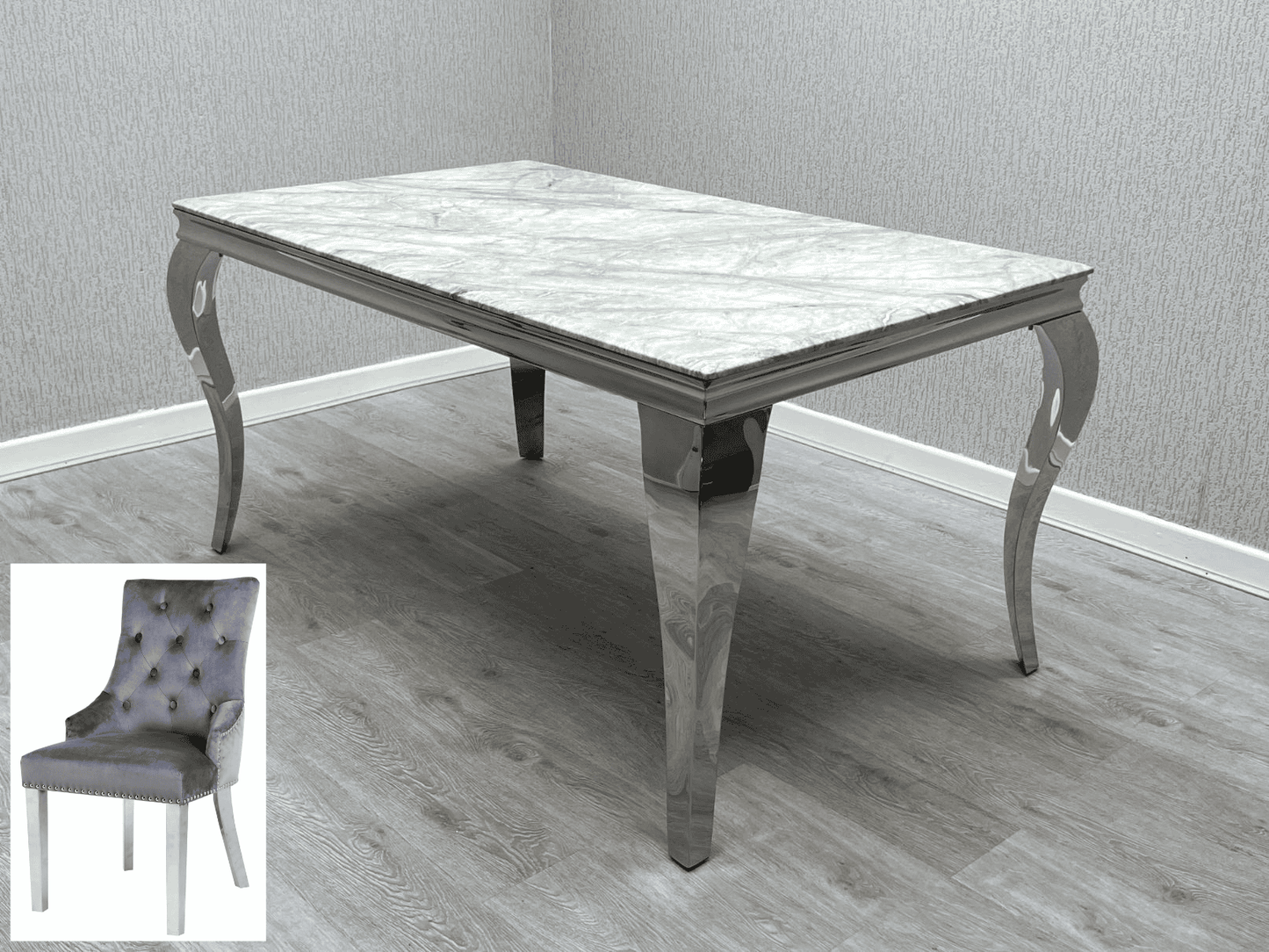 This Whole Dining Set - SFIA Grey Marble Top 180cm Dining Table + 4 or 6 Fabric Quilted Grey Chairs