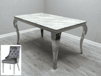 This Whole Dining Set - SFIA Grey Marble Top 180cm Dining Table + 4 or 6 Fabric Quilted Grey Chairs