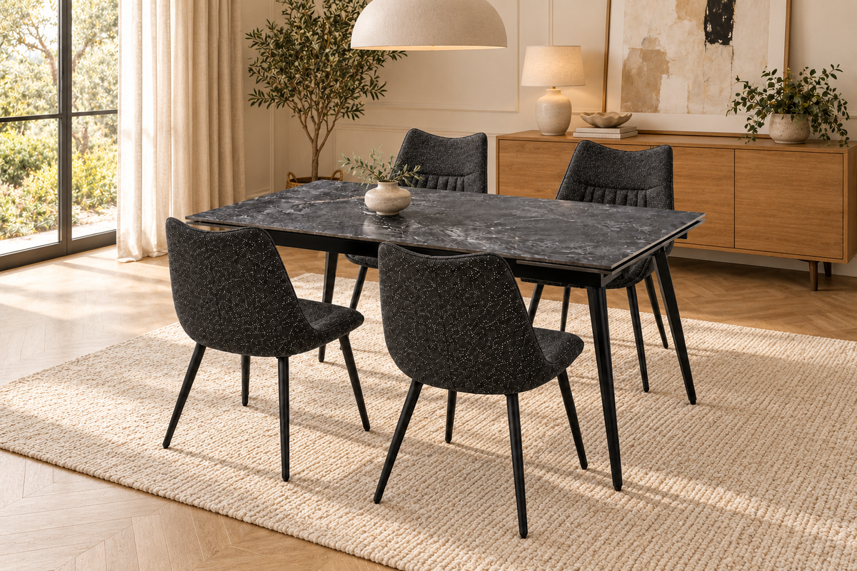 (Pre Order Deal, Arriving December 15th) "Regis" 120cm-180cm Ceramic Extending Dining Table & Grey Leather Celia Charcoal Grey Fleck Fabric Dining Chairs Set