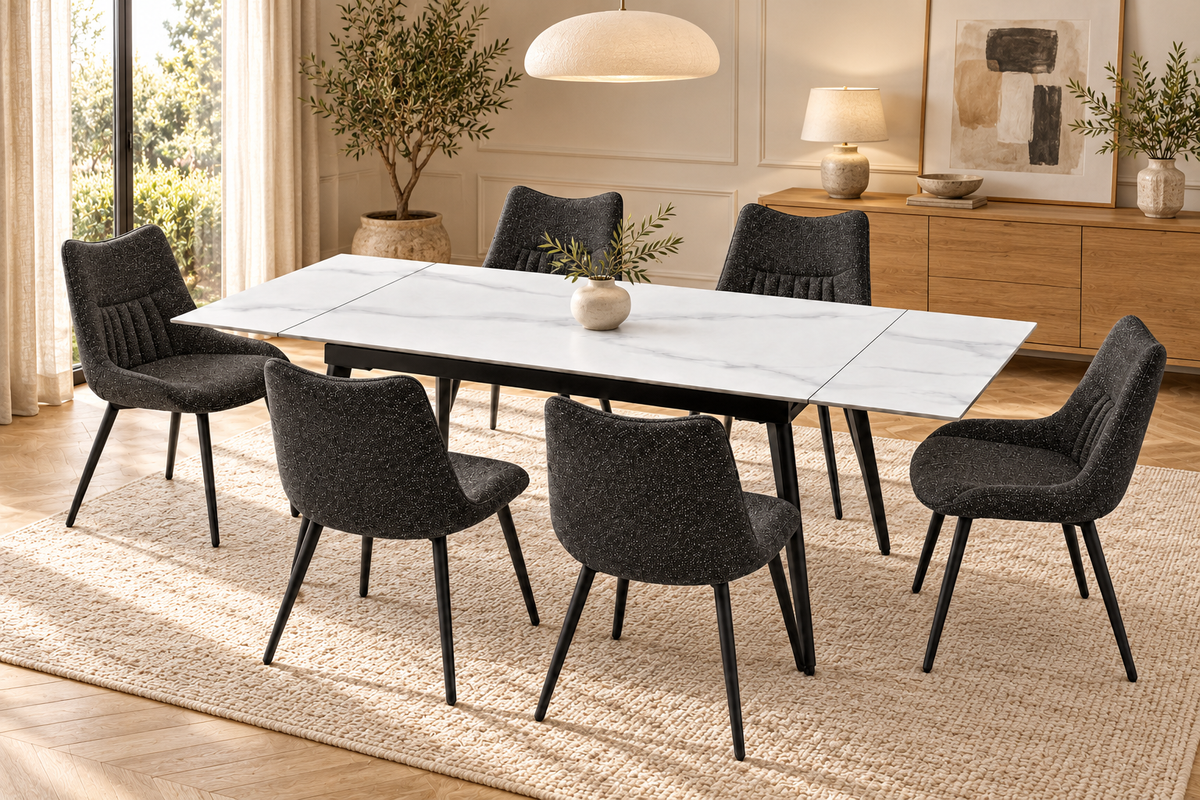 (Pre Order Deal, Arriving December 15th) "Regis" 120cm-180cm Ceramic Extending Dining Table & Grey Leather Celia Charcoal Grey Fleck Fabric Dining Chairs Set