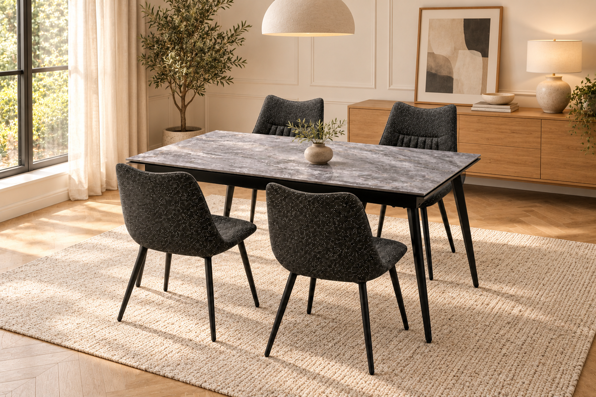 (Pre Order Deal, Arriving December 15th) "Regis" 120cm-180cm Ceramic Extending Dining Table & Grey Leather Celia Charcoal Grey Fleck Fabric Dining Chairs Set