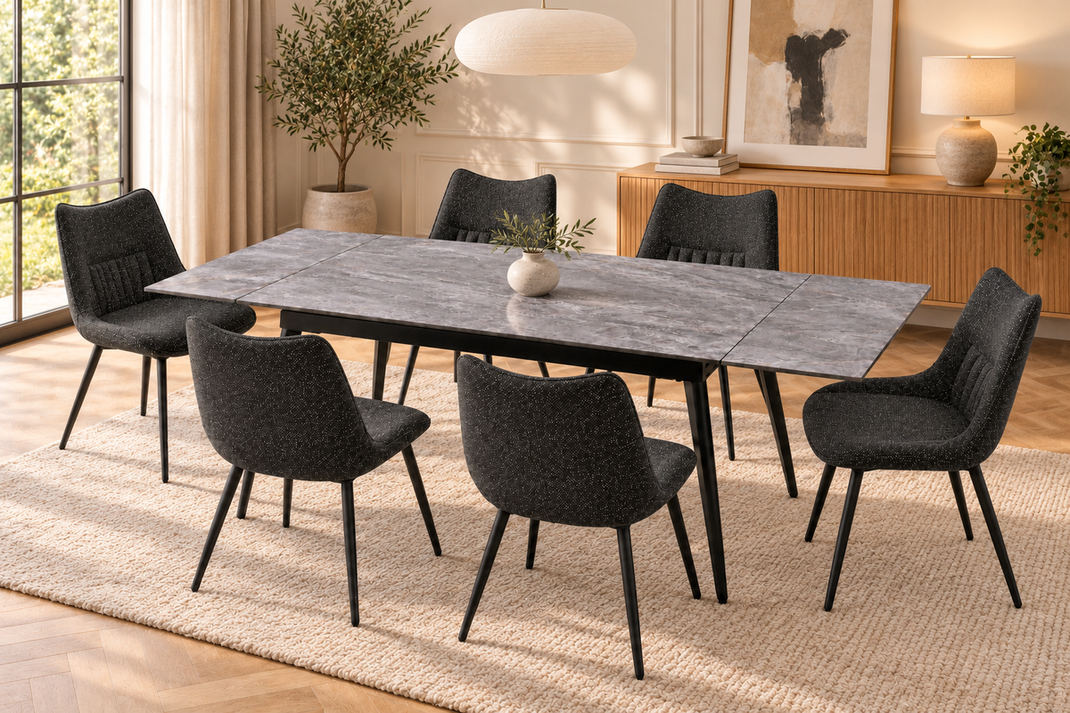(Pre Order Deal, Arriving December 15th) "Regis" 120cm-180cm Ceramic Extending Dining Table & Grey Leather Celia Charcoal Grey Fleck Fabric Dining Chairs Set