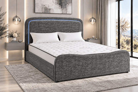 (Pre Order Deal, Back In Stock December 15th) "Harriet" Grey Ottoman Storage Bed Frame + Mattress Package
