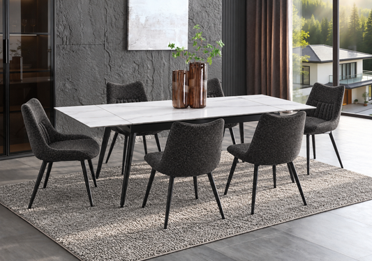 (Pre Order Deal, Arriving December 15th) "Regis" 120cm-180cm Ceramic Extending Dining Table & Grey Leather Celia Charcoal Grey Fleck Fabric Dining Chairs Set