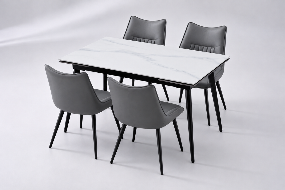 (Pre Order Deal, Arriving December 15th) "Regis" 120cm-180cm Ceramic Extending Dining Table & Grey Leather Celia Dining Chairs Set
