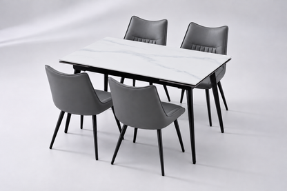 (Pre Order Deal, Arriving December 15th) "Regis" 120cm-180cm Ceramic Extending Dining Table & Grey Leather Celia Dining Chairs Set