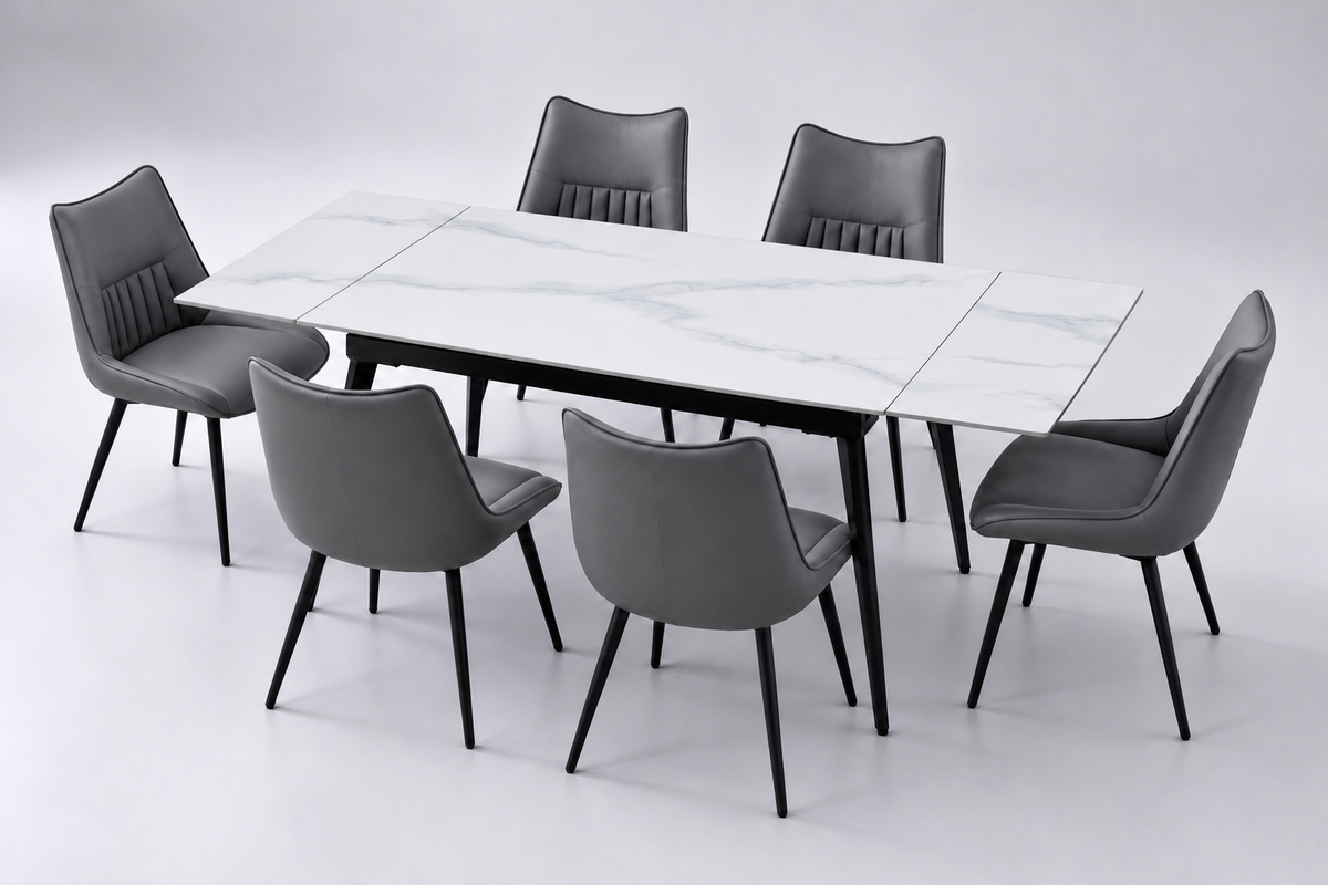 (Pre Order Deal, Arriving December 15th) "Regis" 120cm-180cm Ceramic Extending Dining Table & Grey Leather Celia Dining Chairs Set
