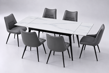 (Pre Order Deal, Arriving December 15th) "Regis" 120cm-180cm Ceramic Extending Dining Table & Grey Leather Celia Dining Chairs Set