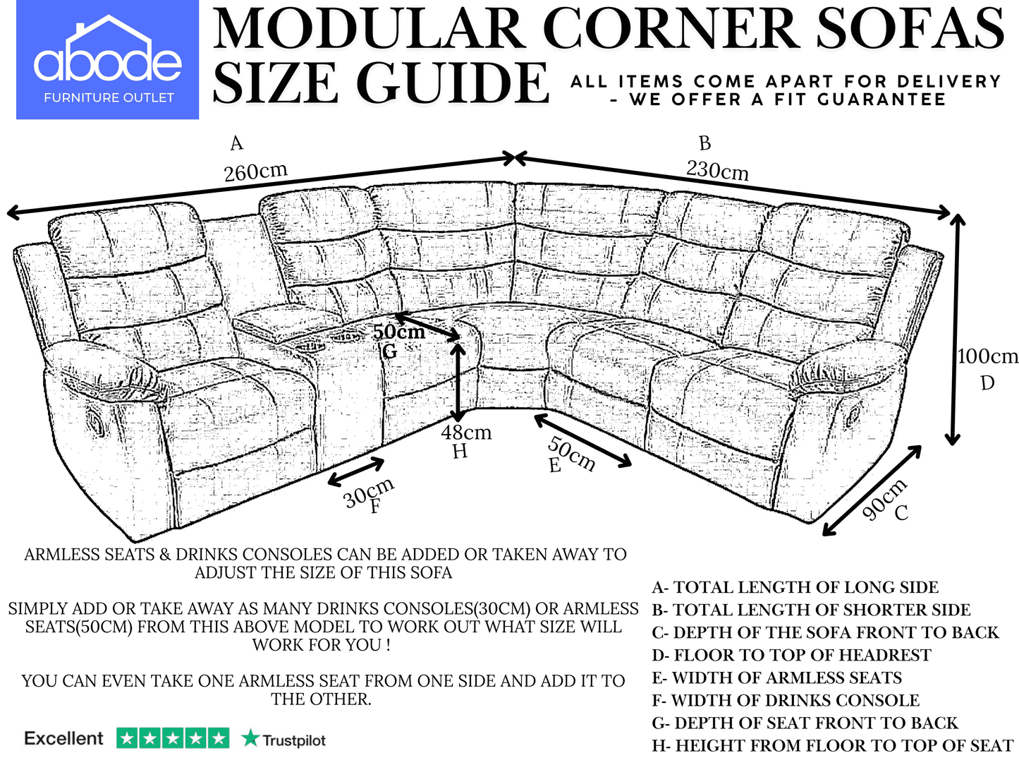 Black Leather 'Lando' 2c1c Reclining Corner Sofa |  Reversible & Modular | Drinks Console | High Backrest | Built To Fit Any Home | Couch |