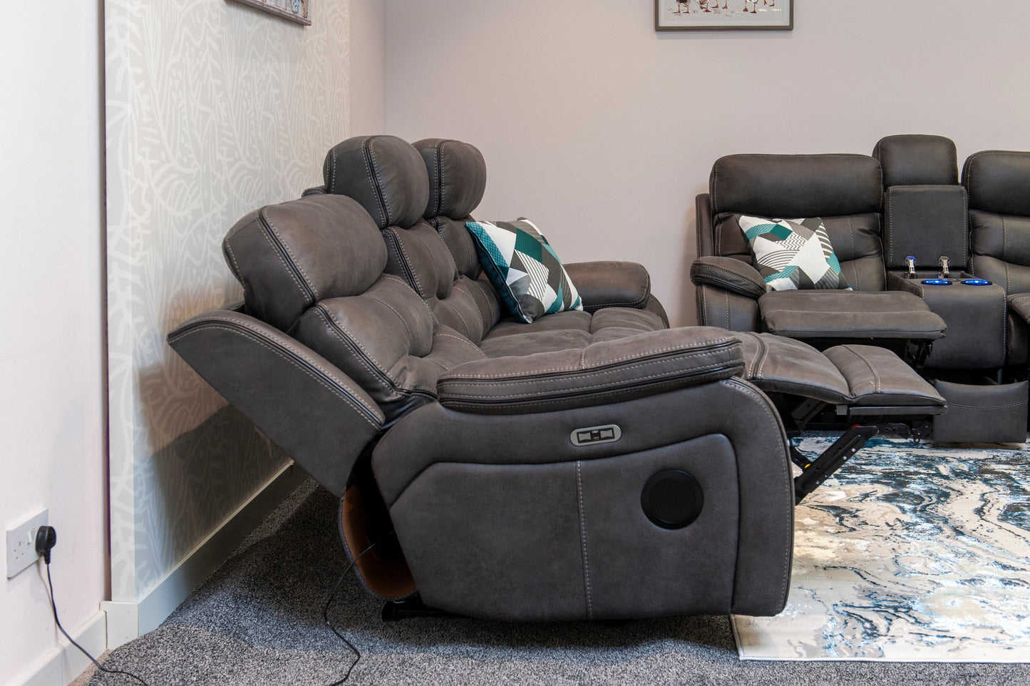 Cinema Sofa | Drinks Coolers | Wireless Charging | Bluetooth Speakers | Express Smart Tech Grey Fabric Power Recliner 3 + 2 Seater Bundle Sofa Set