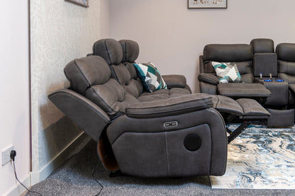 Cinema Sofa | Drinks Coolers | Wireless Charging | Bluetooth Speakers | Express Smart Tech Grey Fabric Power Recliner 3 + 2 Seater Bundle Sofa Set