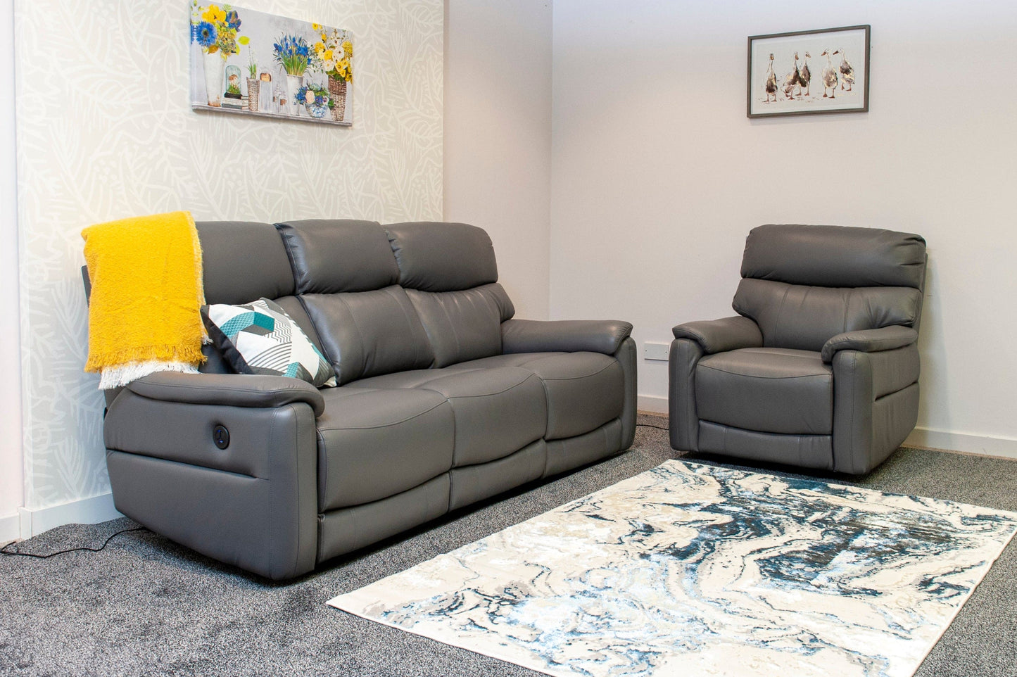 DFS MILANO Grey Leather Electric Reclining 3 + 1 + 1 Seater Sofa Suite Set + USB Ports & Drinks Tray Table | Couch |
