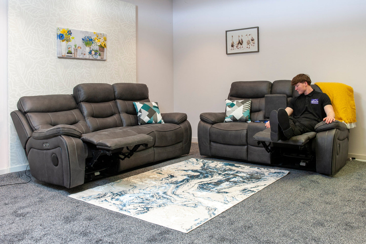 Cinema Sofa | Drinks Coolers | Wireless Charging | Bluetooth Speakers | Express Smart Tech Grey Fabric Power Recliner 3 + 2 Seater Bundle Sofa Set