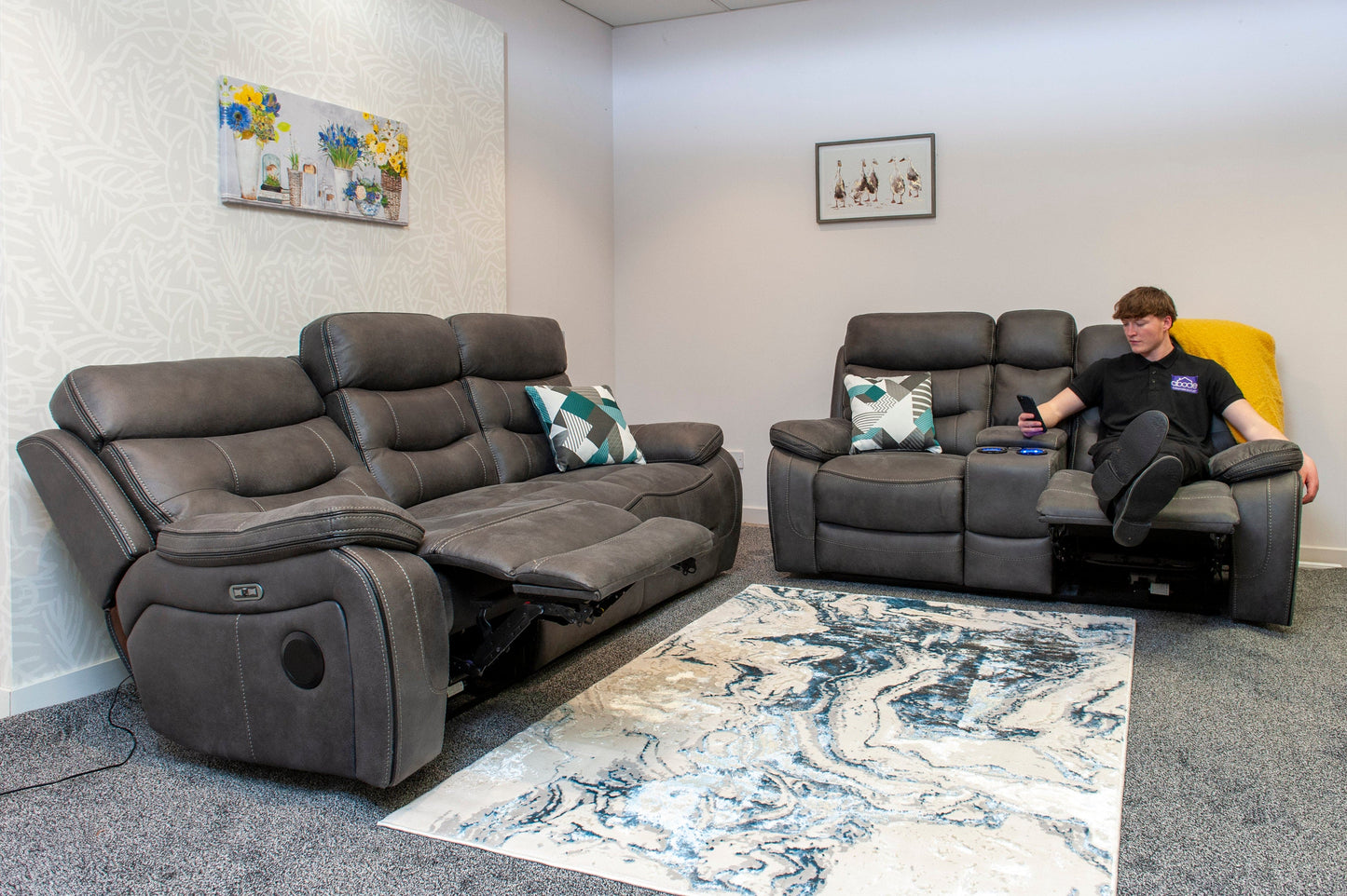 Cinema Sofa | Drinks Coolers | Wireless Charging | Bluetooth Speakers | Express Smart Tech Grey Fabric Power Recliner 3 + 2 Seater Bundle Sofa Set