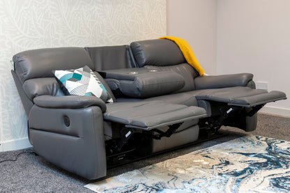 Special Offer! DFS Grey Milano Leather Electric Reclining 3 Seater + 2 Seater Sofa Suite Set With Drop Down Drinks Tray Table & USB Charging Ports | Couch |