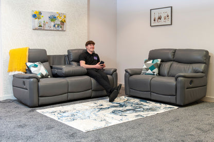 Special Offer! DFS Grey Milano Leather Electric Reclining 3 Seater + 2 Seater Sofa Suite Set With Drop Down Drinks Tray Table & USB Charging Ports | Couch |