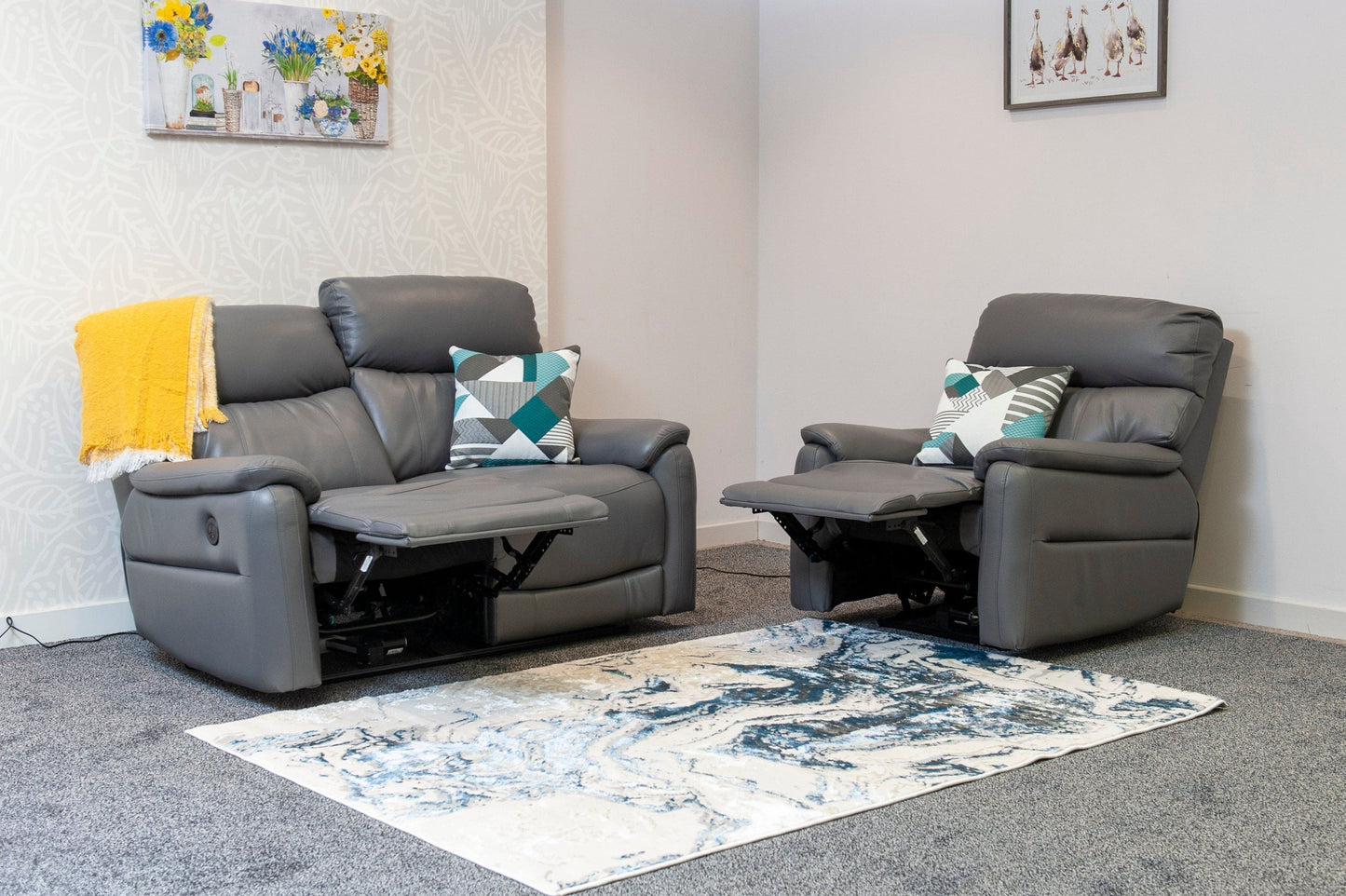 DFS Grey MILANO Leather Electric Reclining 2 + 1 + 1 Seater Sofa Suite Set + USB Ports