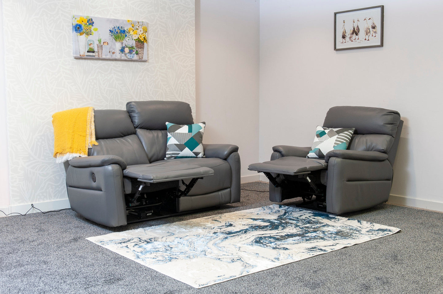 DFS Grey MILANO Leather Electric Reclining 2 + 1 + 1 Seater Sofa Suite Set + USB Ports