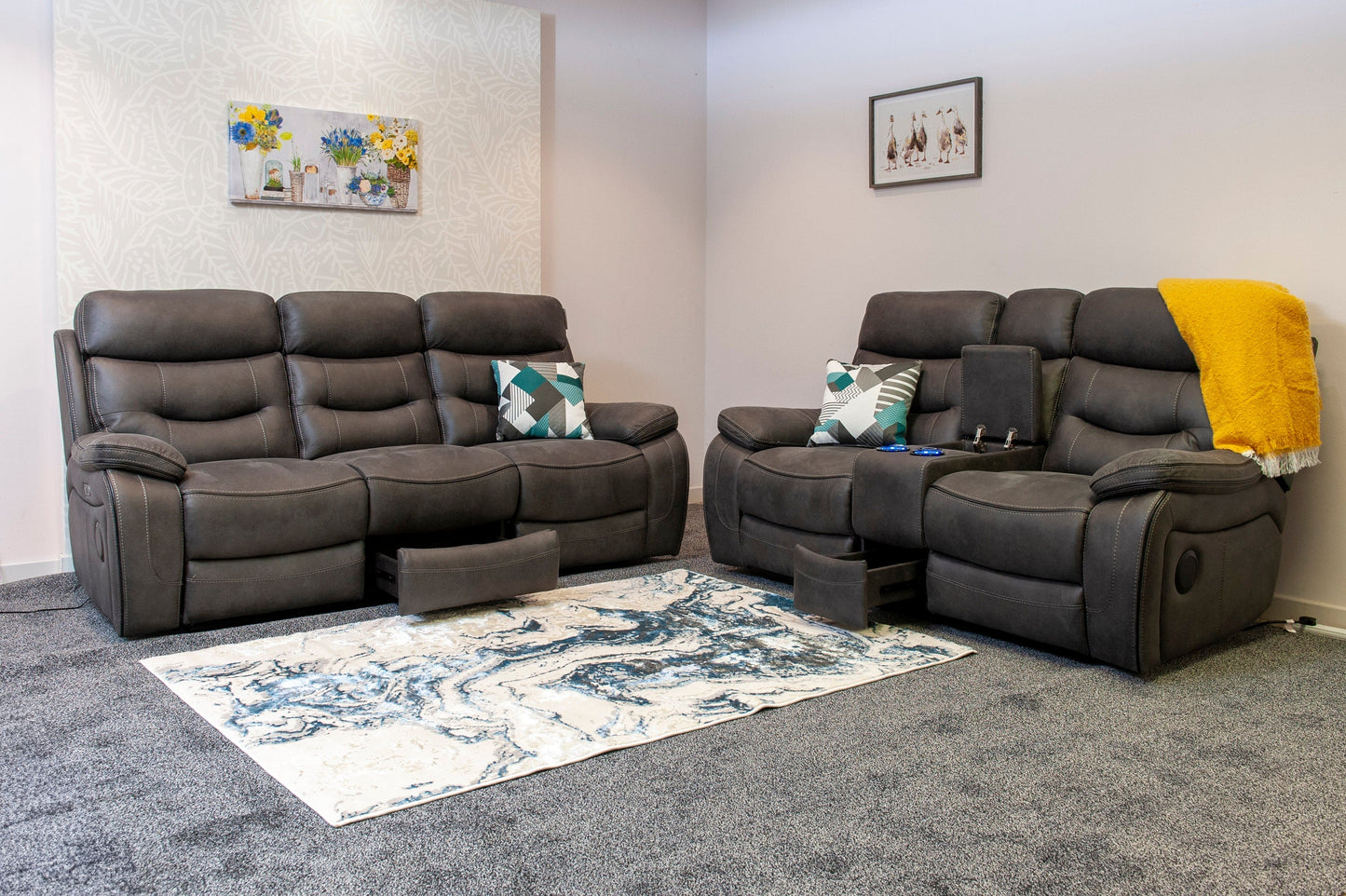 Cinema Sofa | Drinks Coolers | Wireless Charging | Bluetooth Speakers | Express Smart Tech Grey Fabric Power Recliner 3 + 2 Seater Bundle Sofa Set