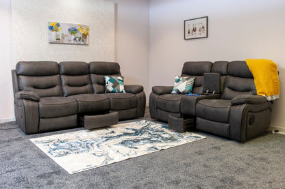 Cinema Sofa | Drinks Coolers | Wireless Charging | Bluetooth Speakers | Express Smart Tech Grey Fabric Power Recliner 3 + 2 Seater Bundle Sofa Set
