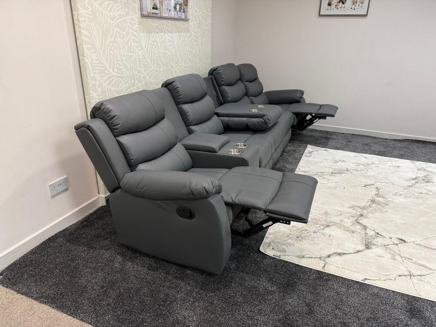 Lando Grey Leather 5 Seater Sofa With Drinks Console | Fold Down Tray Table, High Headrest & Seating Position Couch
