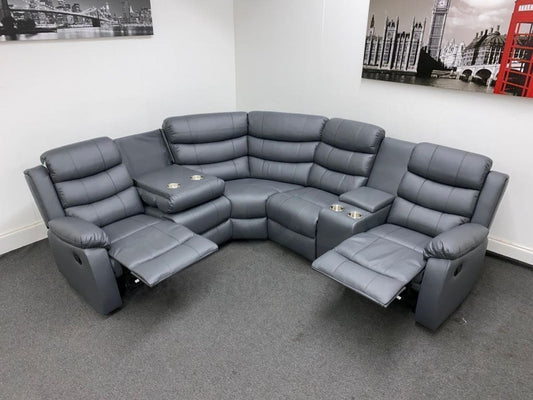 'Lando' Grey Leather MANUAL Reclining Corner Sofa | Storage Drinks Console | Fold Down Tray Table | High Backrest & Seating Position | Couch |