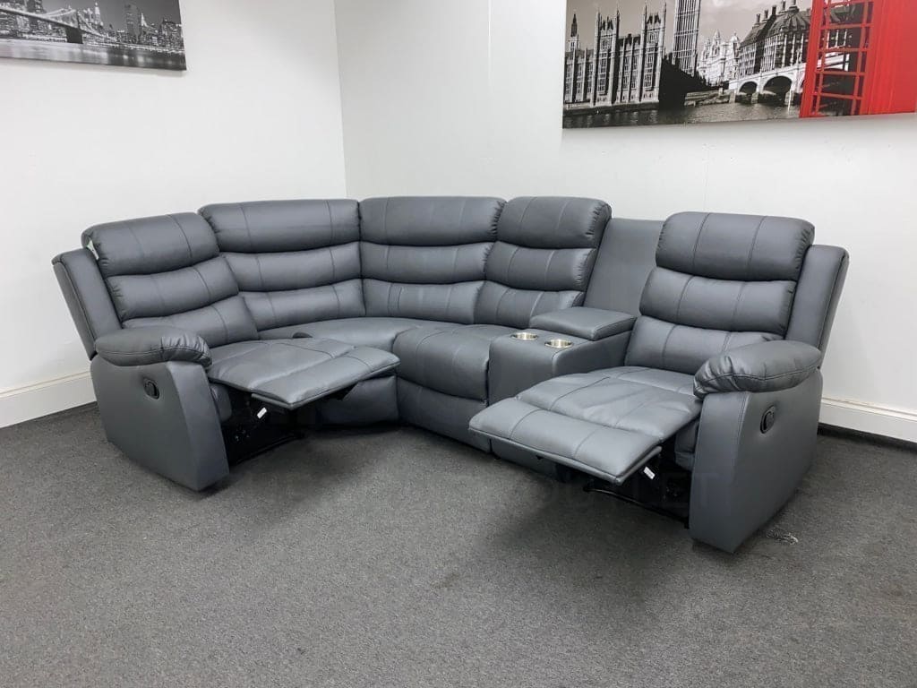 Landos Lhf Modular Recliner 4 Seat Grey Leather Corner Sofa With Drinks Console Sofas