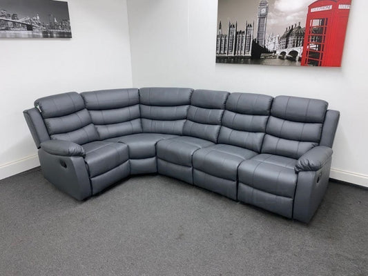 'Lando' Grey Leather MANUAL Reclining Corner Sofa | Storage Drinks Console | Fold Down Tray Table | High Backrest & Seating Position | Couch |