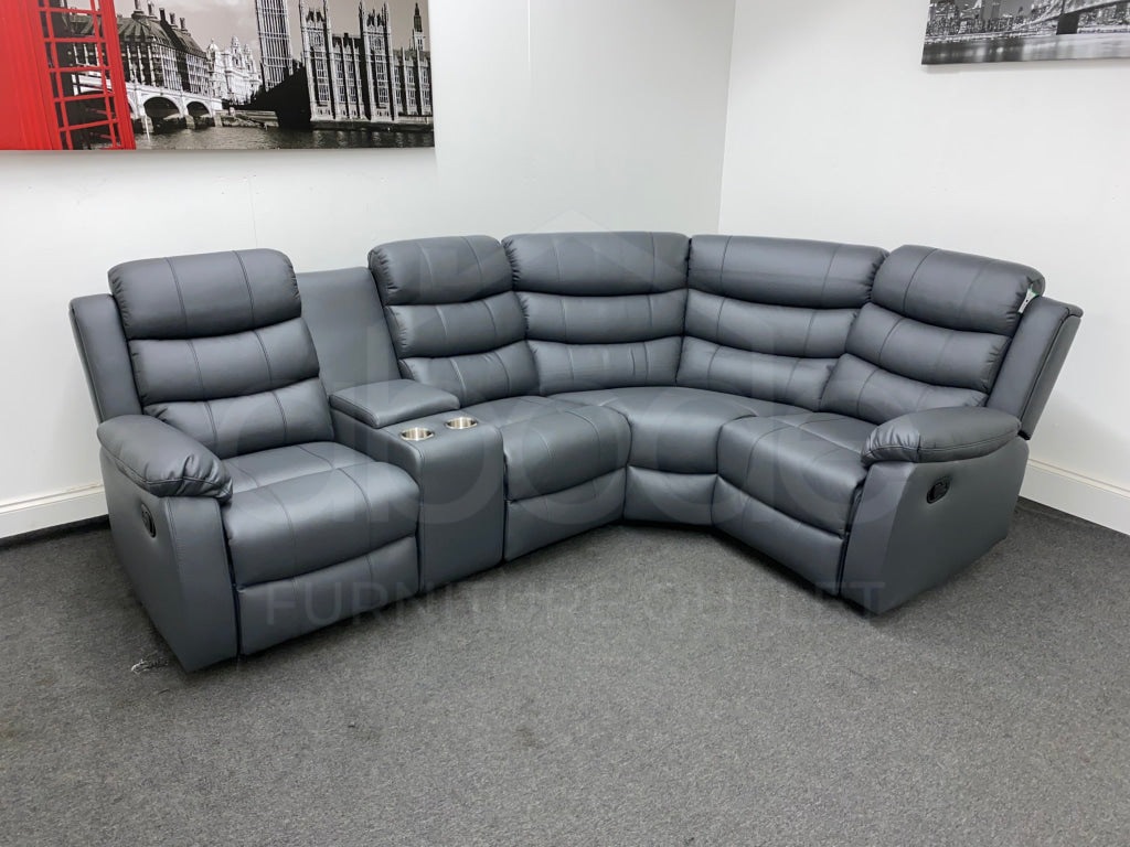 Landos Rhf Modular Recliner 4 Seat Grey Leather Corner Sofa With Drinks Console Sofas