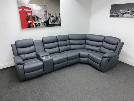 Landos Rhf Modular Recliner 5 Seat Grey Leather Corner Sofa With Drinks Console Sofas