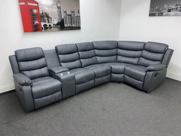 Landos Rhf Modular Recliner 5 Seat Grey Leather Corner Sofa With Drinks Console Sofas