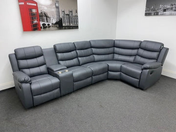 Landos Rhf Modular Recliner 5 Seat Grey Leather Corner Sofa With Drinks Console Sofas