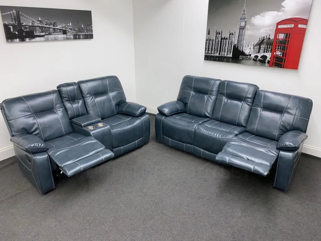 Blue Leather Manual Recliner 3 + 2 Seater Sofa Set Sofas