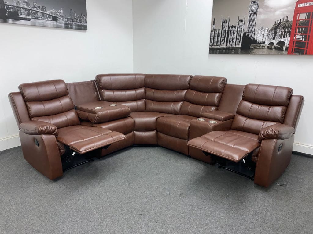 Brown Leather ’Landos’ Manual Reclining Corner Sofa | Reversible & Modular Drinks Consol High