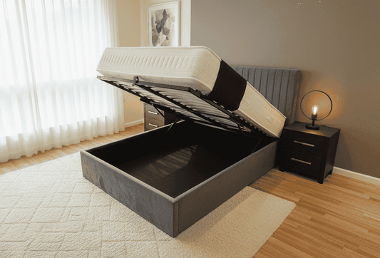 'Juliano' Grey Plush Velvet Fabric Ottoman Bed Frame & Medium Firm Mattress Package - Available In 4'6ft Double or 5ft King