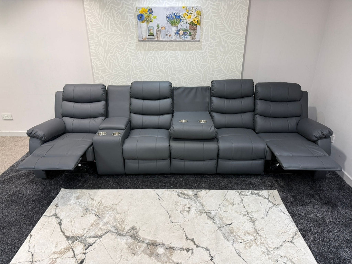 Lando Grey Leather 5 Seater Sofa With Drinks Console | Fold Down Tray Table, High Headrest & Seating Position Couch