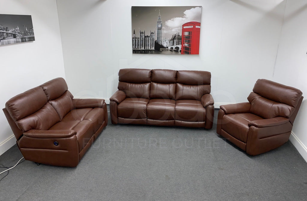 Dfs Pryme Brown Leather Electric / Power Reclining 3 Seater 2 & Armchair Sofa Suite Set Sofas