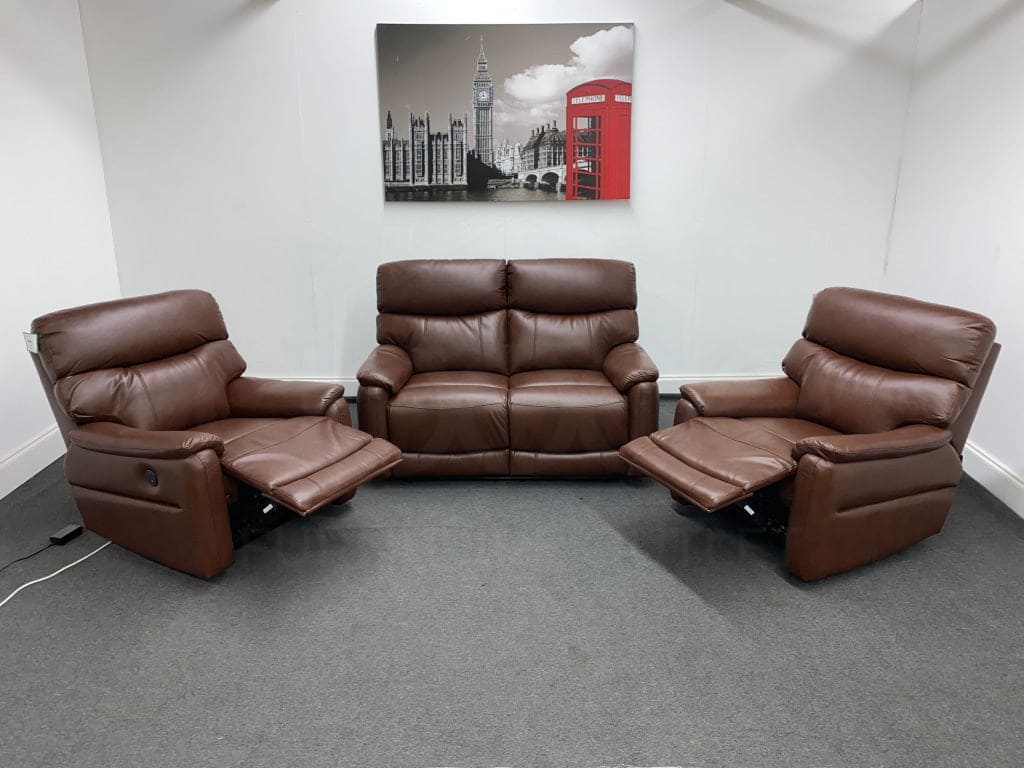 Dfs Pryme Brown Leather Electric Reclining 2 + 1 Seater Sofa Suite Set Usb Ports Sofas