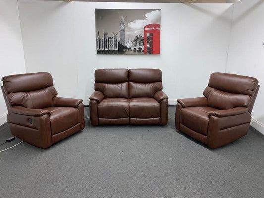 Dfs Pryme Brown Leather Electric Reclining 2 + 1 Seater Sofa Suite Set Usb Ports Sofas