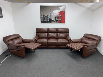 Dfs Pryme Brown Leather Electric Reclining 3 + 1 Seater Sofa Suite Set Usb Ports & Drinks Tray